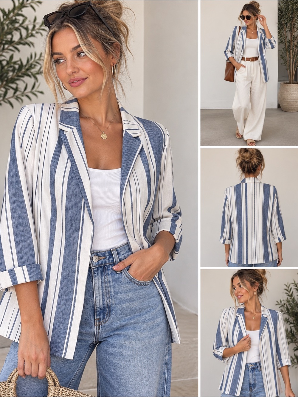 HAVE Los Angeles Linen Blend Blue White Striped Open Front Blazer Size S